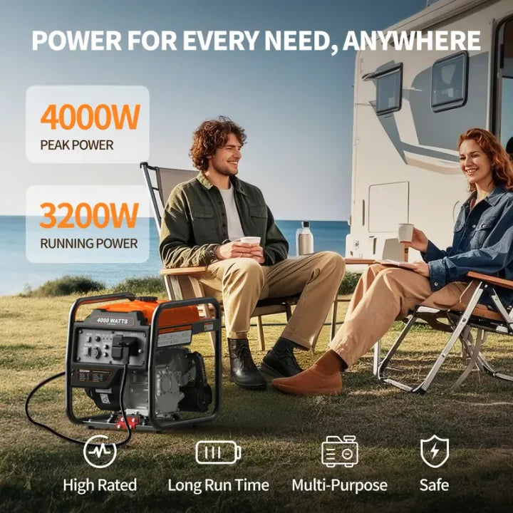 🔋Outdoor Power Equipment – 4000W Portable Inverter Generator | Quiet Gas-Powered Backup with ECO Mode | Open Frame Design, RV Ready, Ideal for Home Emergency Use